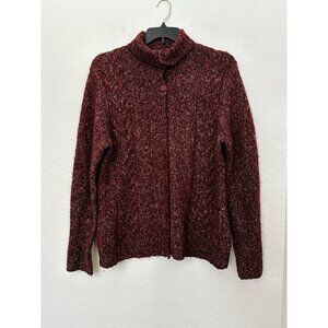 LL BEAN Women's Vintage Cardigan Cable Knit Sweater Size L Reg. Burgundy Wool